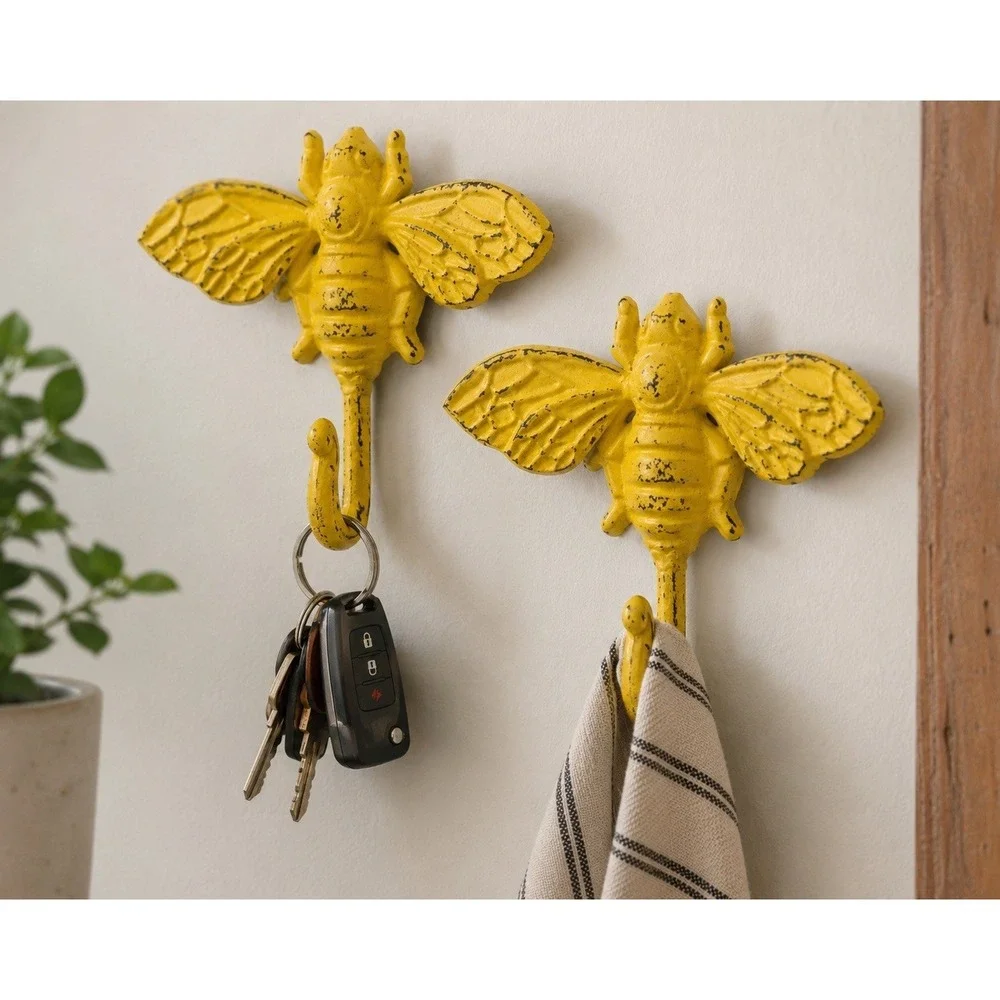 Set of 2 Yellow Cast Iron Bee Wall‎ Hooks Rustic Distressed Coat Hat Key Hooks